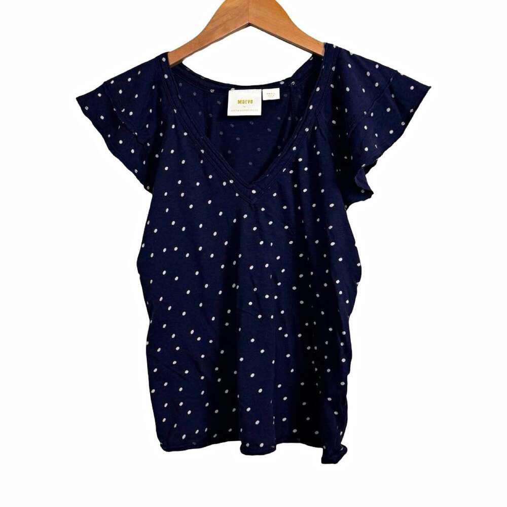 Maeve Anthropologie Navy/White Polka Dot V-Neck Ruffle Flutter Blouse S